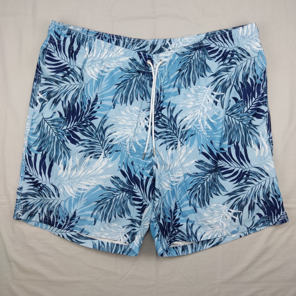 Lands' End Swimming Trunks Mens XXL Blue Tropical‎ Palm Leaf Print Board Shorts